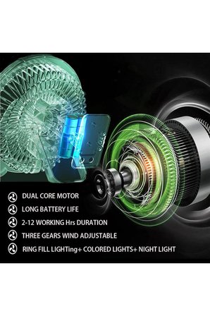 Bychie Masa Fanı Kişisel Fan USB ile Çalışan Taşınabilir Fan, 3 Hız Kademeli Renkli LED Ortam Işığı BEYAZ