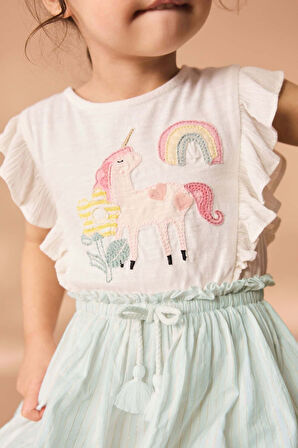 Next Baby % 100 Pamuklu Beyaz Unicorn Desenli Kısa Kollu Elbise