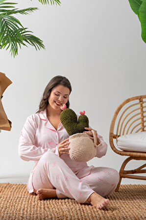 Uzun Kol Gömlek Yaka Kadın Pinterest Pijama Takımı - Mevsimlik Kadın Pijama- Büyük Beden