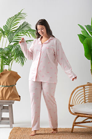 Uzun Kol Gömlek Yaka Kadın Pinterest Pijama Takımı - Mevsimlik Kadın Pijama- Büyük Beden