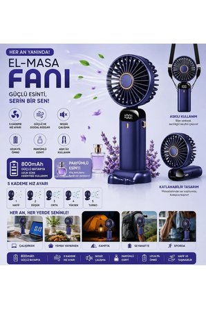 N15 Şarjlı El Fanı Dijital Göstergeli Parfümlü Serinletici Vantilatör 5 Kademe Hız Ayarlı Mini Klima Fan Boyunluk Askı İpli Katlanabilir Elde Masaüstü Boyun Askılı Kullanım Telefon Standı