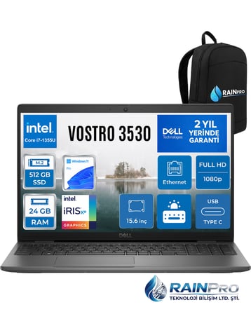 Vostro 3530 Intel Core İ7-1355U 24 GB 512 GB SSD Fhd 15.6'' İntel İris XE Graphics Windows 11 Pro Dizüstü Bilgisayar N1601PVNB3530RNP09