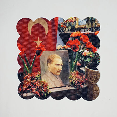 Sulu Boya Atatürk ve Türk Bayrağı Saygı Portesi Lazer Kesim Kokteyl Peçetesi