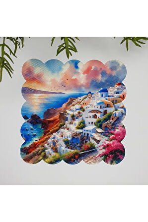 Sulu Boya Santorini Desenli Yıkanabilir Kumaş  Kokteyl Peçetesi 1 Adet