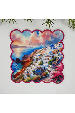 Sulu Boya Santorini Manzaralı Nakış Kenar Kokteyl Peçetesi 1 Adet