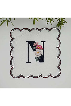 N Harfi Baskılı Kişiye Özel Pul İşlemeli Monogramlı Nakış Kenar Pullu Kokteyl Peçetesi 1 Adet