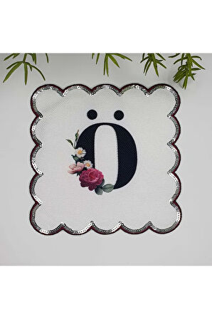 Ö Harfi Baskılı Kişiye Özel Pul İşlemeli Monogramlı Nakış Kenar Pullu Kokteyl Peçetesi 1 Adet