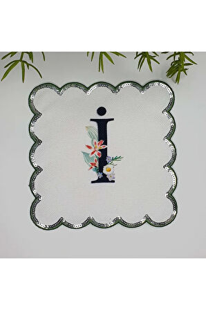 İ Harfi Baskılı Kişiye Özel Pul İşlemeli Monogramlı Nakış Kenar Pullu Kokteyl Peçetesi 1 Adet
