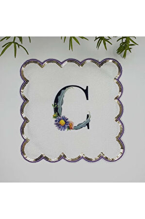 C Harfi Baskılı Kişiye Özel Pul İşlemeli Monogramlı Nakış Kenar Pullu Kokteyl Peçetesi 1 Adet