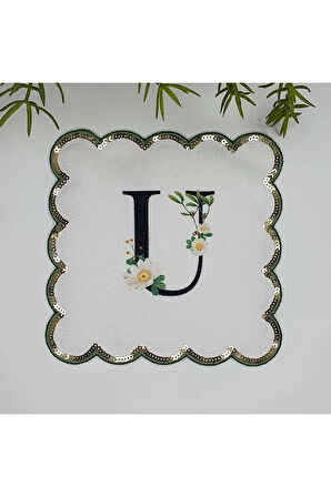 U Harfi Baskılı Kişiye Özel Pul İşlemeli Monogramlı Nakış Kenar Pullu Kokteyl Peçetesi 1 Adet