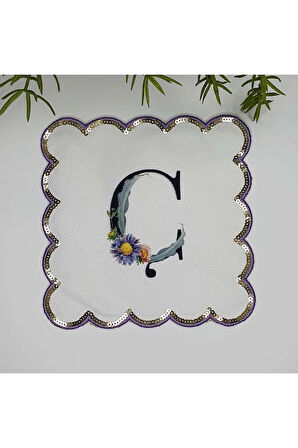 Ç Harfi Baskılı Kişiye Özel Pul İşlemeli Monogramlı Nakış Kenar Pullu Kokteyl Peçetesi 1 Adet