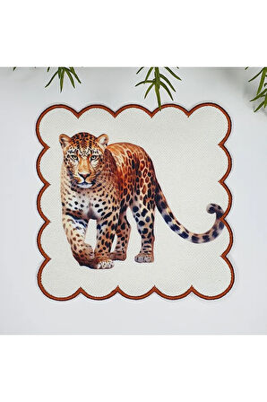 Sulu Boya Leopar Desenli Etrafı Nakışlı Kumaş Kokteyl Peçetesi 1 Adet