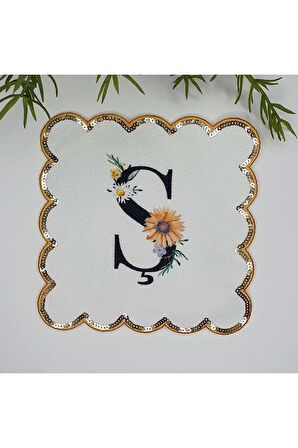 Ş Harfi Baskılı Kişiye Özel Pul İşlemeli Monogramlı Nakış Kenar Pullu Kokteyl Peçetesi 1 Adet