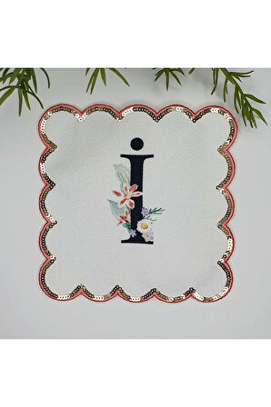 İ Harfi Baskılı Kişiye Özel Pul İşlemeli Monogramlı Nakış Kenar Pullu Kokteyl Peçetesi 1 Adet
