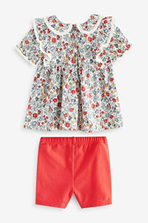 Next Baby % 100 Pamuklu Kırmızı Ditsy Çiçek Desenli Kısa Kollu Taytlı Alt Üst Takım