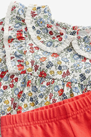 Next Baby % 100 Pamuklu Kırmızı Ditsy Çiçek Desenli Kısa Kollu Taytlı Alt Üst Takım