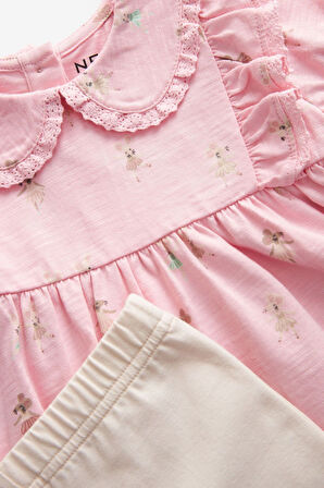 Next Baby % 100 Pamuklu Pembe Fare Desenli Kısa Kollu Taytlı Alt Üst Takım