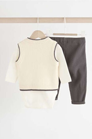 Next Baby Pamuklu KremTriko   Süeter Body Zıbın Tayt 3'lü  Alt Üst Takım