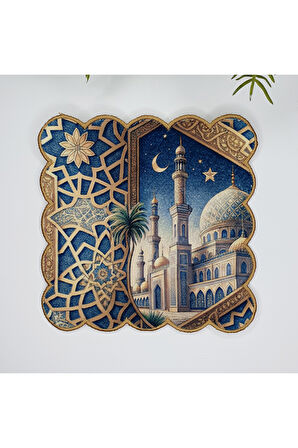Gece Cami Motifli Ramazan Temalı Nakış Kenar Kumaş Kokteyl Peçetesi 1 Adet