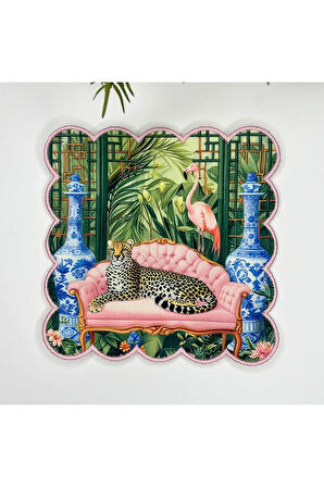 Maximalist Çita Flamingo ve Tropikal Tasarımlı Nakış Kenar Kumaş Kokteyl Peçetesi 1 Adet