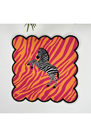 Pembe Turuncu Zemin Zebra Tasarımlı Nakış Kenar Kumaş Kokteyl Peçetesi 1 Adet