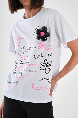 ALEXANDERGARDI Dokulu Çiçek Detaylı Baskılı Kadın T-shirt