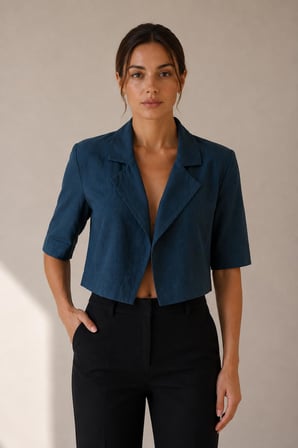 Keten Kısa Kollu Crop Blazer Ceket