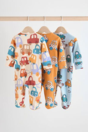 Next Baby % 100 Pamuklu Krem Arabalar Desenli 3'lü Tulum Set