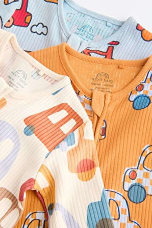 Next Baby % 100 Pamuklu Krem Arabalar Desenli 3'lü Tulum Set