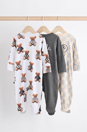 Next Baby Gri Krem Ayı Desenli 3'lü Tulum Set