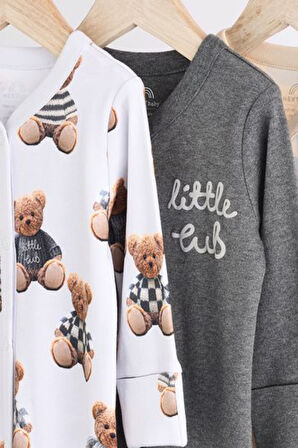 Next Baby Gri Krem Ayı Desenli 3'lü Tulum Set
