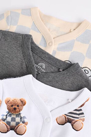 Next Baby Gri Krem Ayı Desenli 3'lü Tulum Set