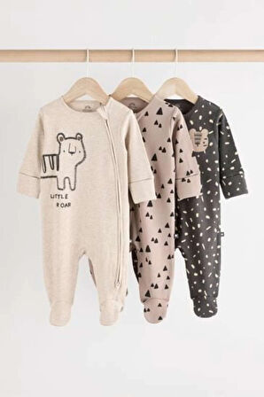Next Baby % 100 Pamuklu Monokrom Hayvan Desenli 3'lü Tulum Set