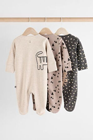 Next Baby % 100 Pamuklu Monokrom Hayvan Desenli 3'lü Tulum Set