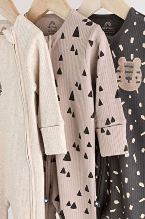 Next Baby % 100 Pamuklu Monokrom Hayvan Desenli 3'lü Tulum Set