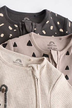 Next Baby % 100 Pamuklu Monokrom Hayvan Desenli 3'lü Tulum Set