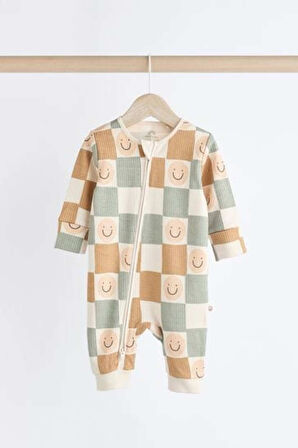 Next Baby % 100 Pamuklu Krem Bordo Gülen Yüz Desenli Fermuarlı 3' lü Tulum Set