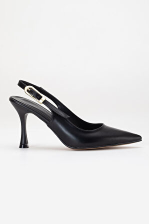 Kadın Siyah Cilt Stiletto Sivri Burun Topuklu Ayakkabı