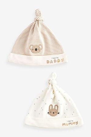 Next Baby % 100 Pamuklu Krem Daddy Mummy Desenli 2’li Şapka Önlük Seti