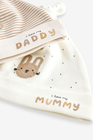 Next Baby % 100 Pamuklu Krem Daddy Mummy Desenli 2’li Şapka Önlük Seti