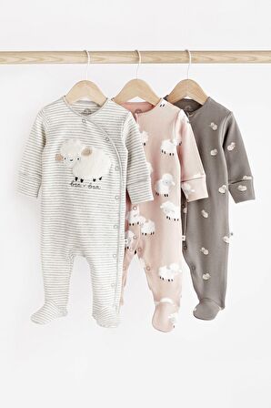 Unisex Pamuklu Gri Koyun Desenli 3’lü Tulum Set