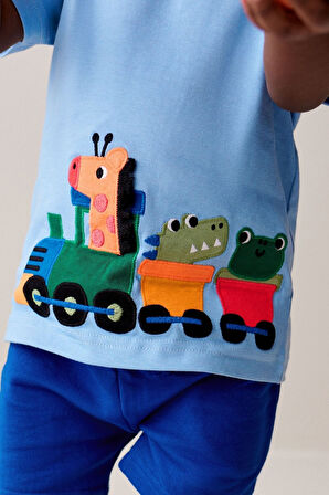 Next Baby Pamuklu Mavi Tren Desenli Kısa Kollu Şortlu Alt Üst Takım