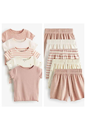 Pamuklu Pembe Krem Ribanalı Kısa Kollu 5'li Şortlu Set