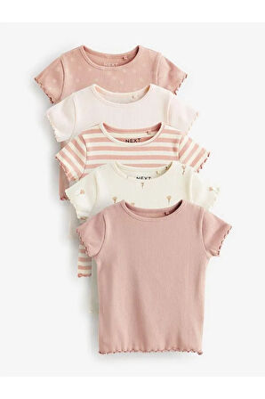 Pamuklu Pembe Krem Ribanalı Kısa Kollu 5'li Şortlu Set