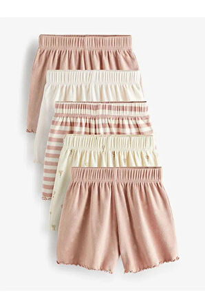 Pamuklu Pembe Krem Ribanalı Kısa Kollu 5'li Şortlu Set