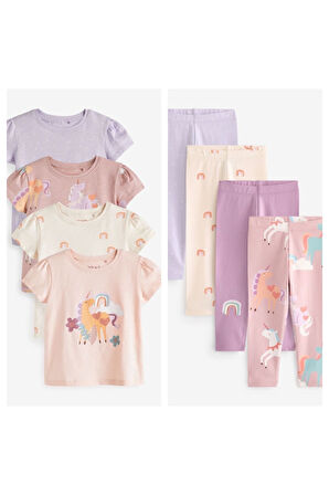 Next Baby % 100 Pamuklu Pembe Unicorn Desenli 4’lü Taytlı Alt Üst Takım
