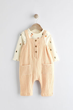 Next Baby % 100 Pamuklu Şeftali Pembesi Salopet Body Zıbın Set