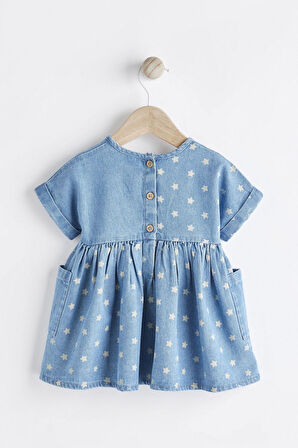 Next Baby % 100 Pamuklu Mavi Yıldız Desenli Denim Bebek Elbisesi