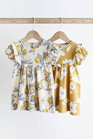 Next Baby % 100 Pamuklu Limon Desenli Çiçekli 2’li Elbise