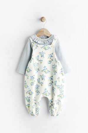 Next Baby % 100 Pamuklu Mavi Çiçek Desenli Salopet Body Zıbın Set
